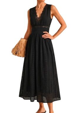 Commense Black Eyelet Lace Trim Cotton Midi Dress Small NWT